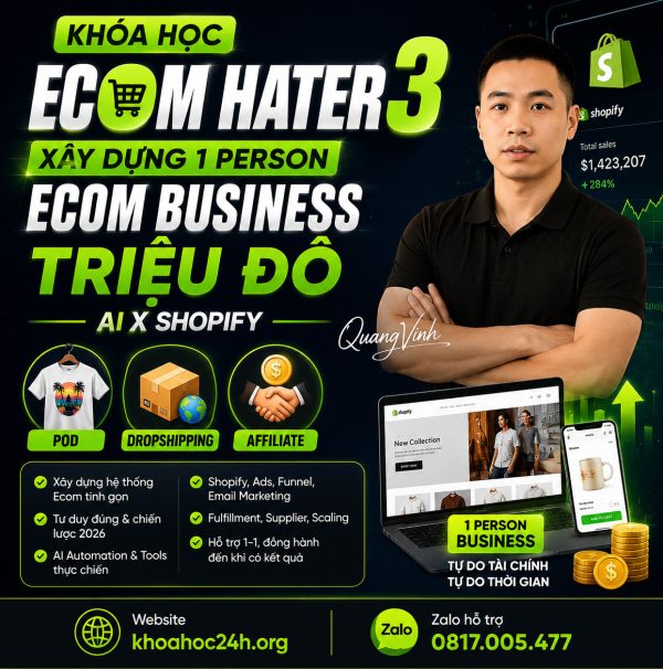 Trọn Bộ Khóa Học Ecom Hater 3 Của Quang Vinh: Xây Dựng Doanh Nghiệp Ecom 1 Người Triệu Đô
