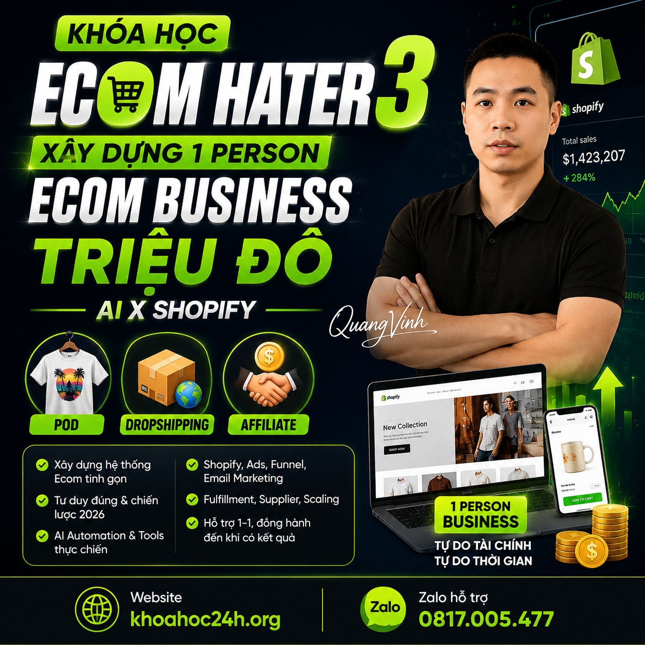 Trọn Bộ Khóa Học Ecom Hater 3 Của Quang Vinh Xây Dựng Doanh Nghiệp Ecom 1 Người Triệu Đô