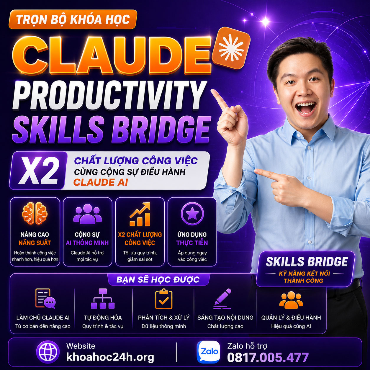 Khóa Học Claude Productivity X2 Chất Lượng Công Việc Cùng Cộng Sự Điều Hành Claude AI Skills Bridge